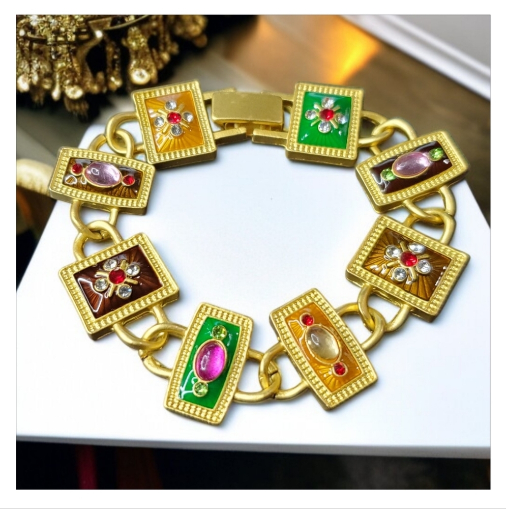 Vintage Style Matte Gold Enamel Crystal Jeweled Panel Bracelet